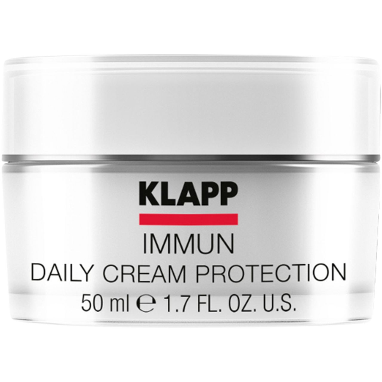 Witte crèmetiegel met deksel. Opschrift: Klapp Immun Daily Cream Protection, 50 ml.