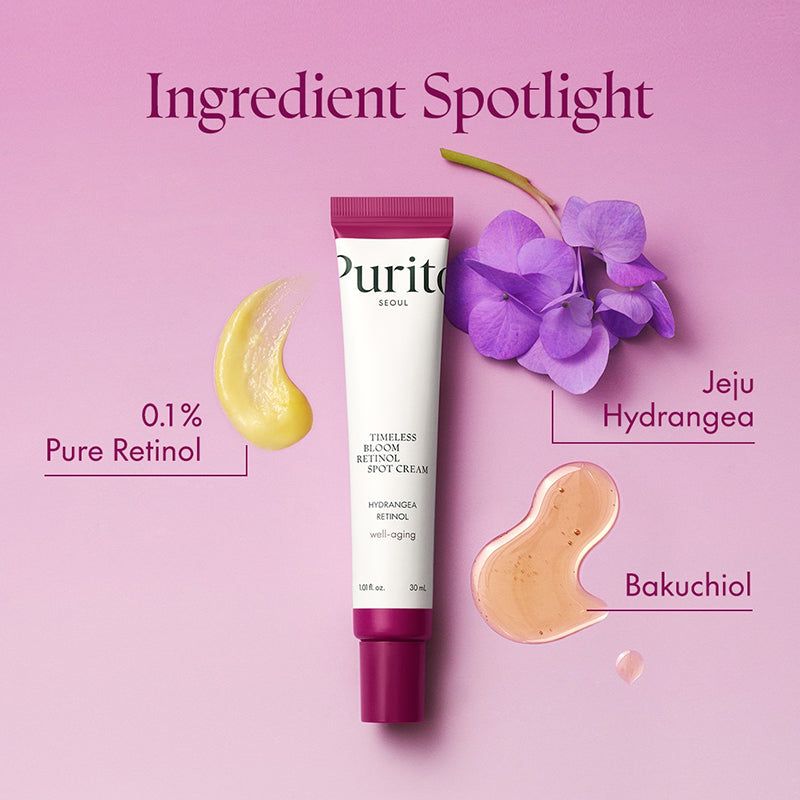 Tube de crème avec ingrédients. Tube, fleurs et échantillons de crème. Texte: Pure Retinol, Jeju Hydrangea, Bakuchiol.