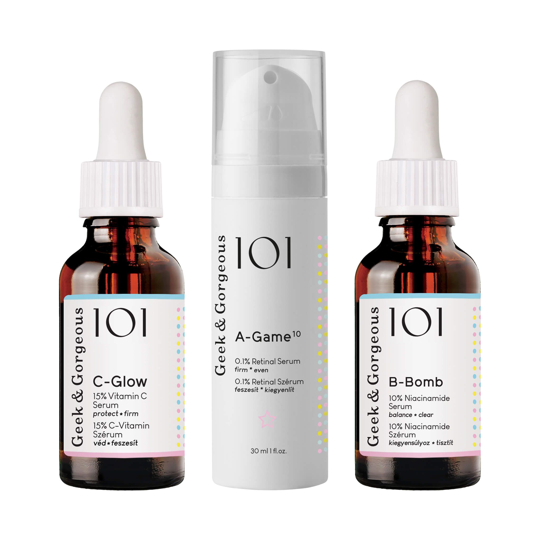 Trois flacons Geek & Gorgeous : C-Glow, B-Bomb et A-Game 10. Étiquettes blanches, pipettes. Inscription : 101.