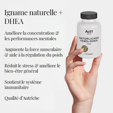 Main tenant un flacon noir. Inscription: Act1 just be. Natürliches Yams+DHEA 25mg. 60 gélules.