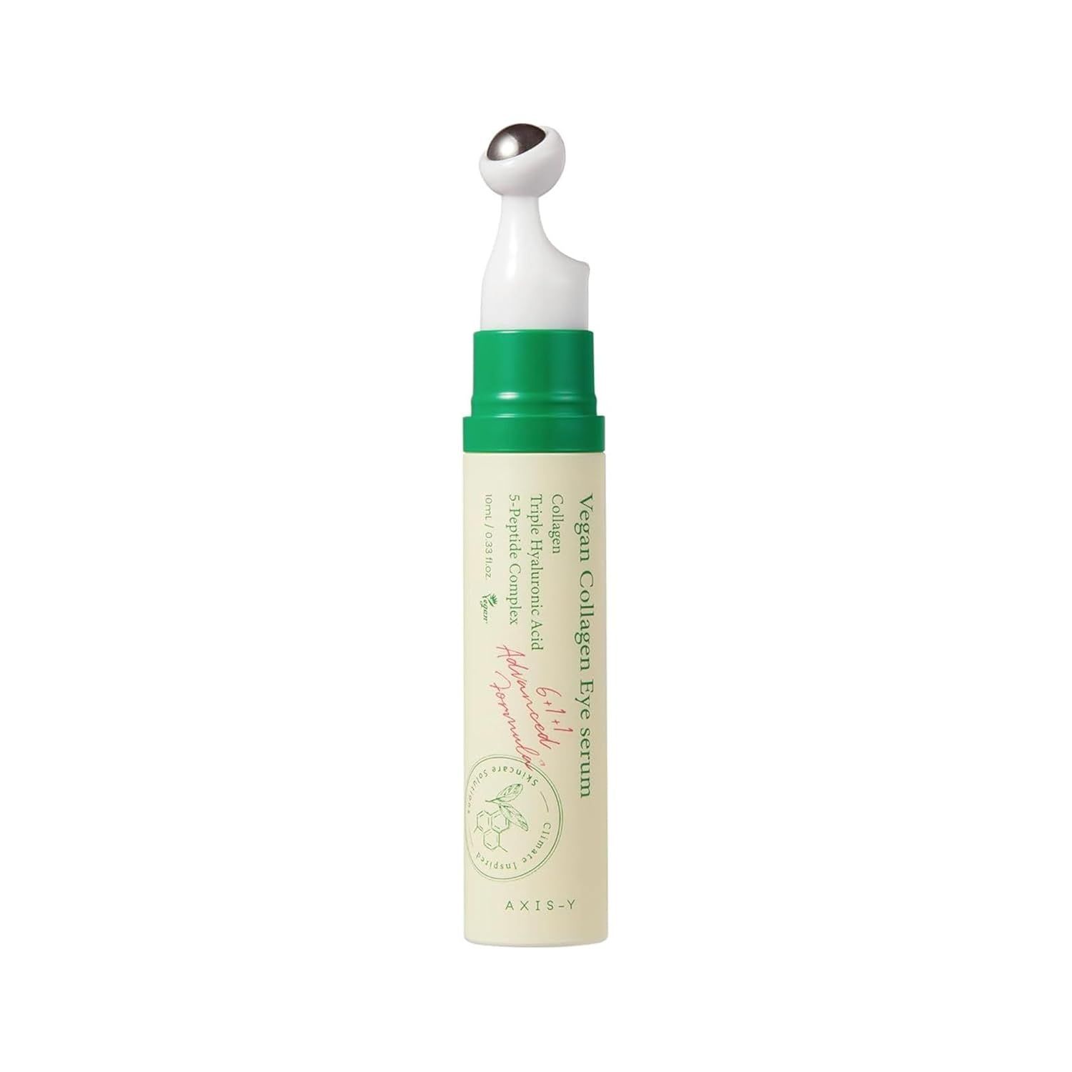 Sérum pour les yeux Vegan Collagen avec applicateur roll-on. Design vert et blanc. Texte : AXIS-Y, Vegan Collagen Eye Serum.
