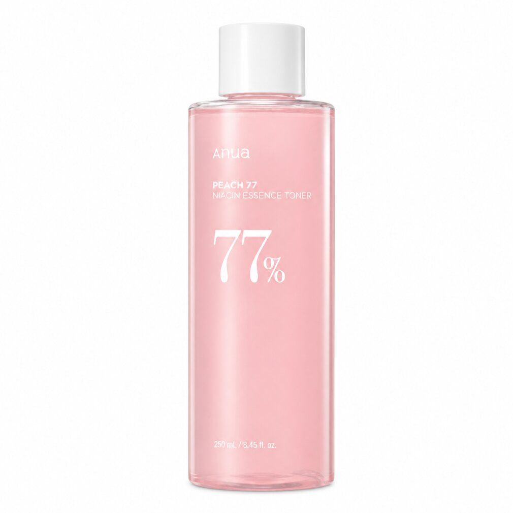 ANUA Peach 77% Niacin Essence Toner in een doorzichtige fles met witte dop.