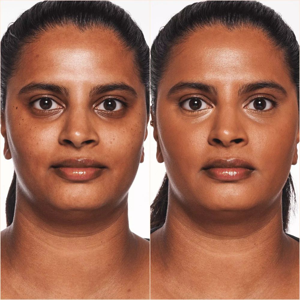 Comparaison avant-après. Visage d'une femme avant et après l'application du fond de teint. Différence de teint notable.
