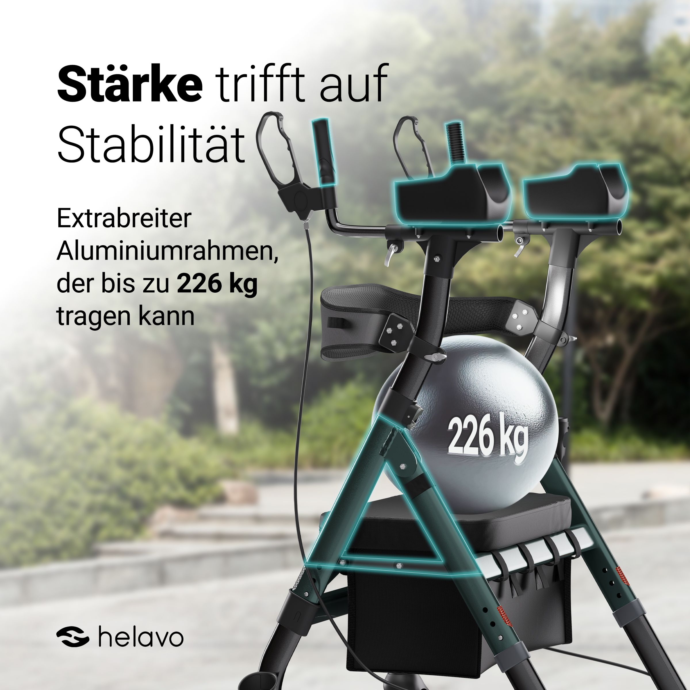 Rollator met versterkt frame, belastbaar tot 226 kg.