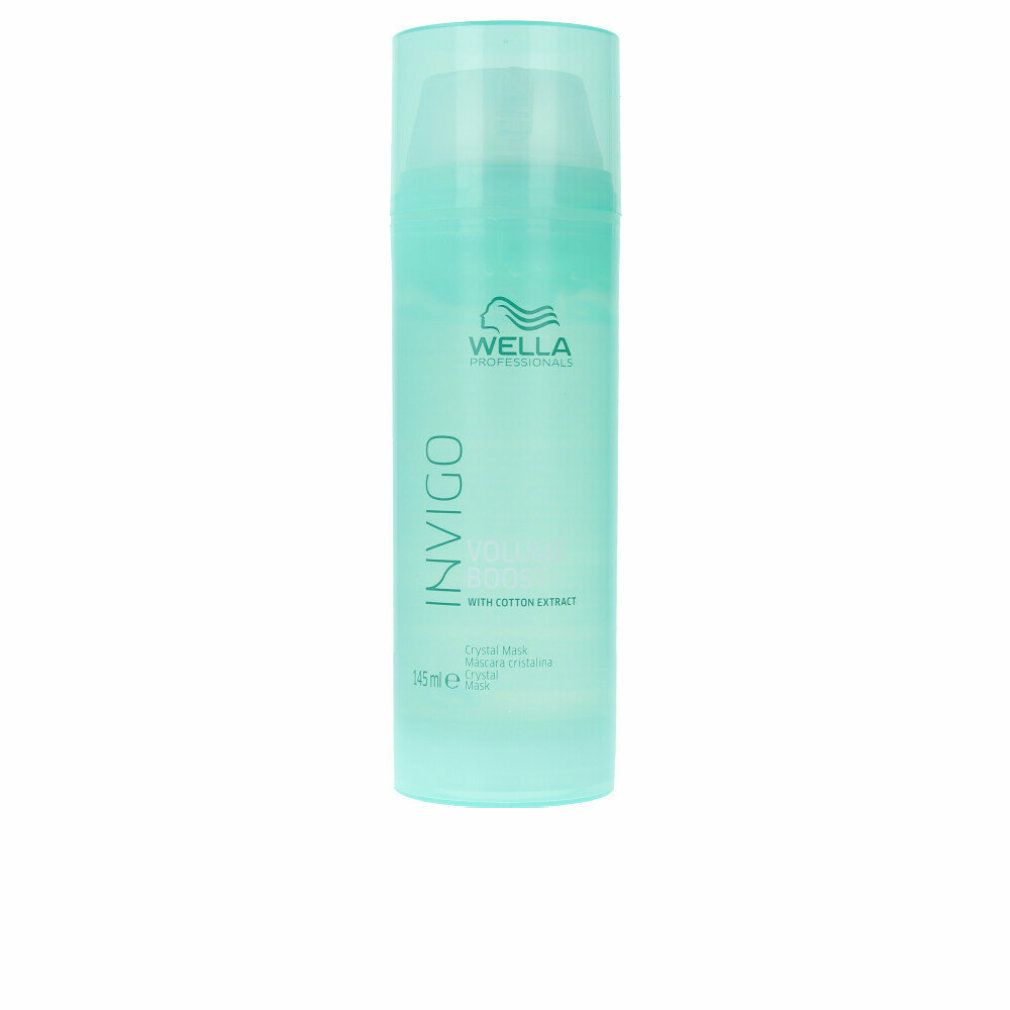 Flacon turquoise avec logo Wella Invigo et texte. Nom du produit : Volume Boost Crystal Mask. Avec extrait de coton. 200 ml.