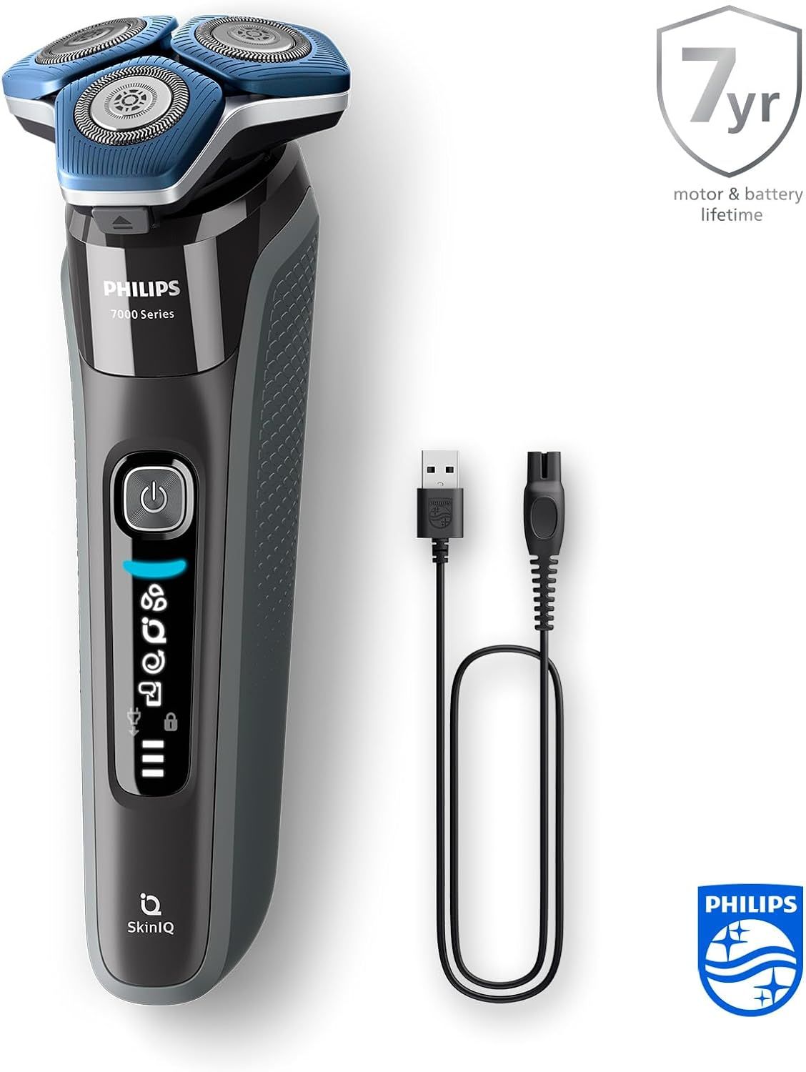 Rasoir électrique avec câble de charge. Corps noir, têtes de rasage bleues. Philips Shaver 7000 Series. Garantie moteur et batterie 7 ans.