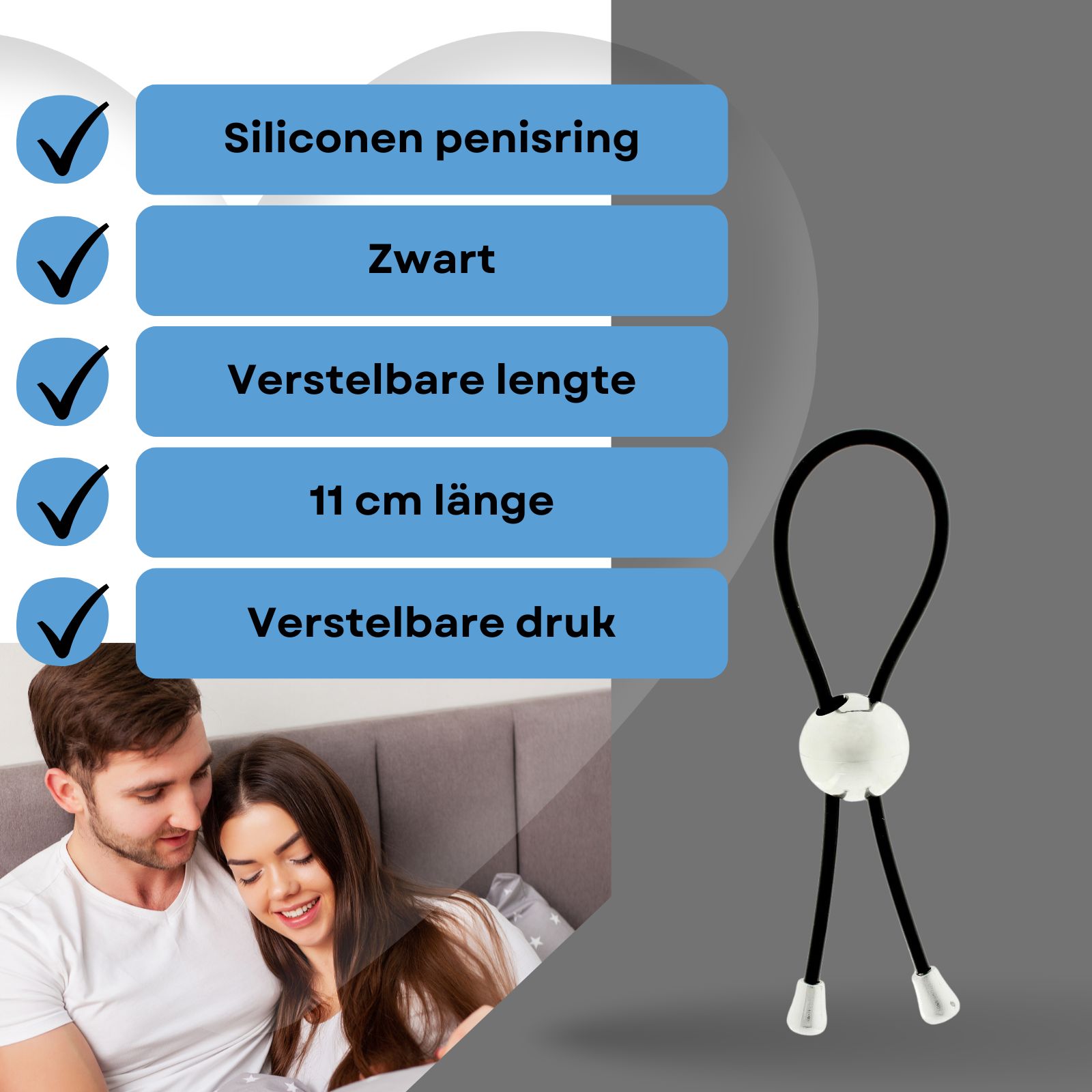 Siliconen penisring, zwart. Verstelbaar. Koppel in bed.