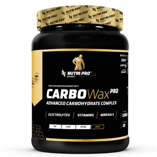 Récipient noir avec Nutri Pro Sport Carbo Wax PRO, un complexe avancé de glucides avec électrolytes, vitamines et minéraux.
