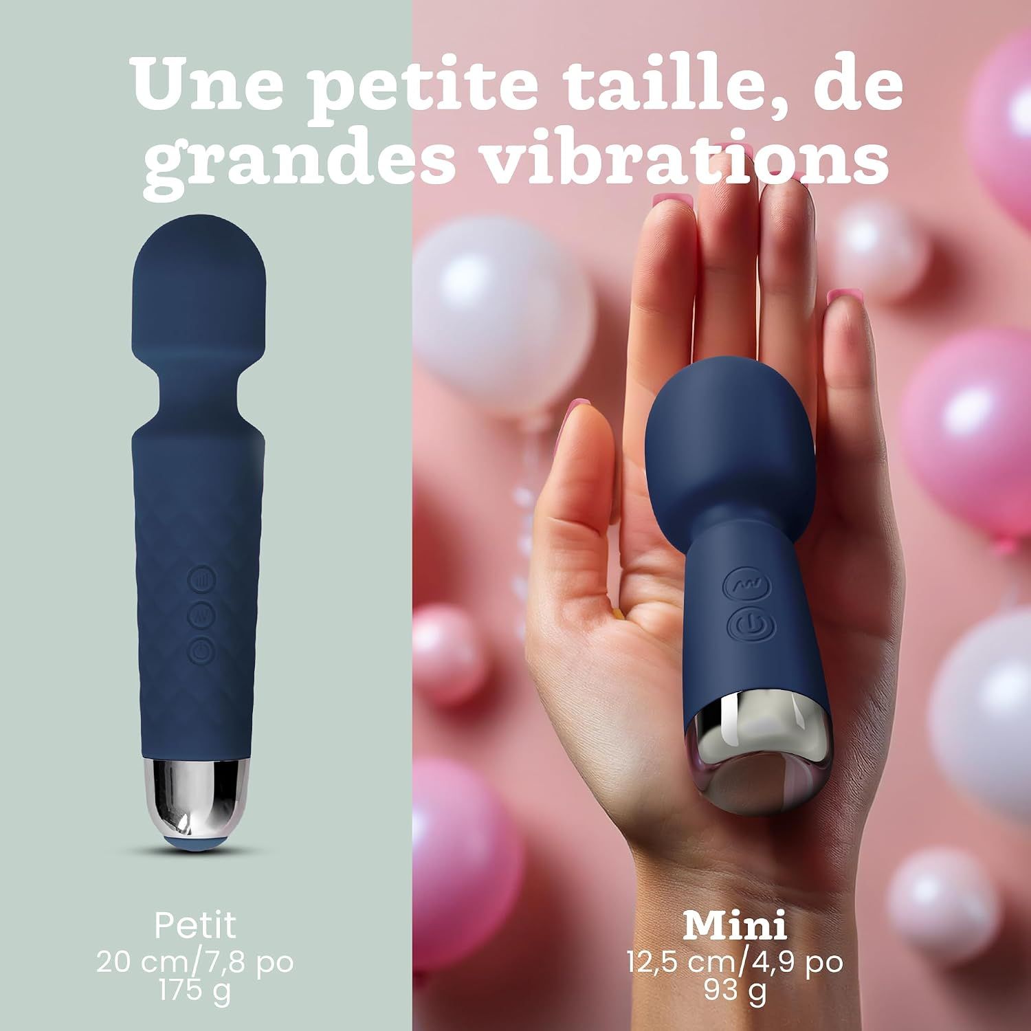 Vibrateur bleu marine avec manche texturé et embout argenté. Longueur 20 cm.