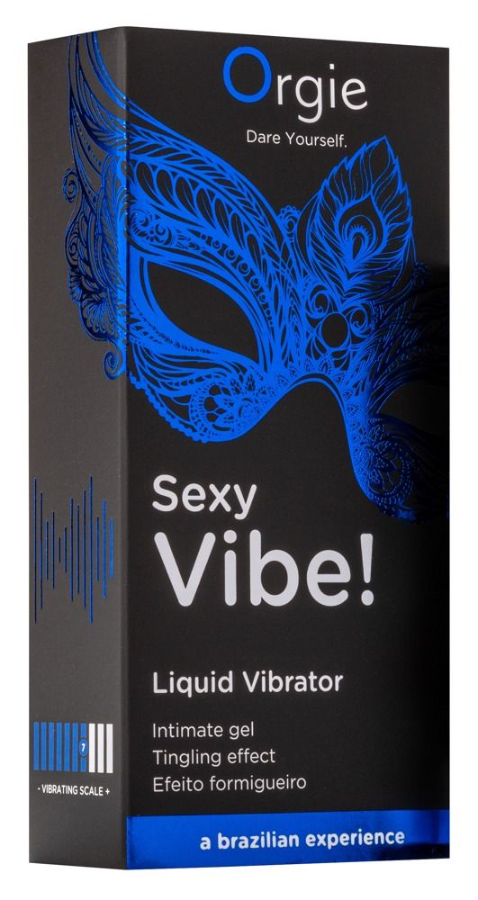 Verpakking Orgie Sexy Vibe! Liquid Vibrator met masker design en vibratieschaal.