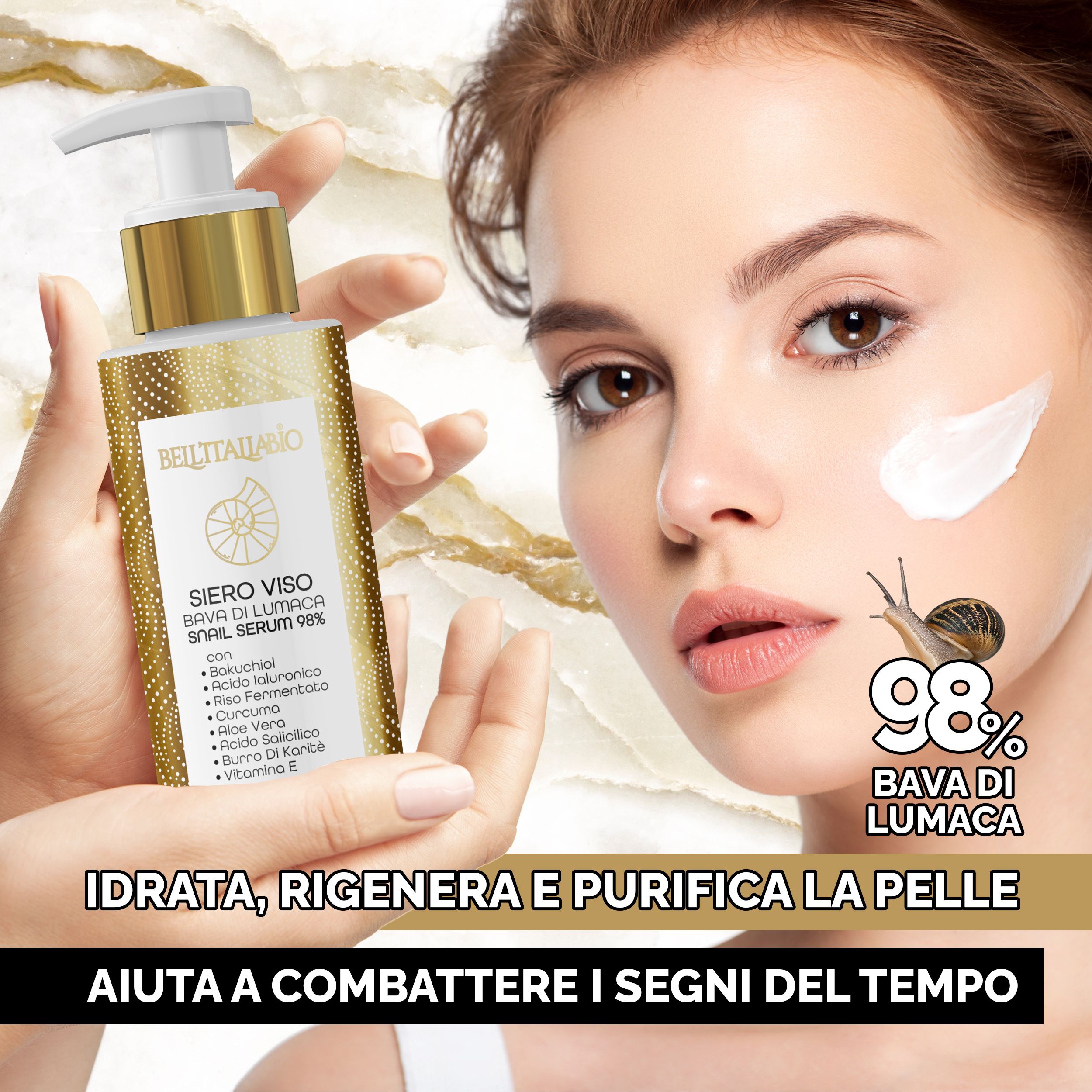 Vrouw brengt serum aan. Fles met pomp. Tekst: Siero Viso Bava di Lumaca Snail Serum 98%. Tekst: Idratata, rigenera e purifica la pelle.