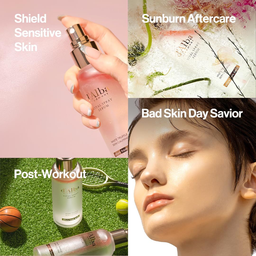 Vier afbeeldingen. Serum sprayfles, vrouw die serum spuit, vrouw met huid, serumfles op gras.