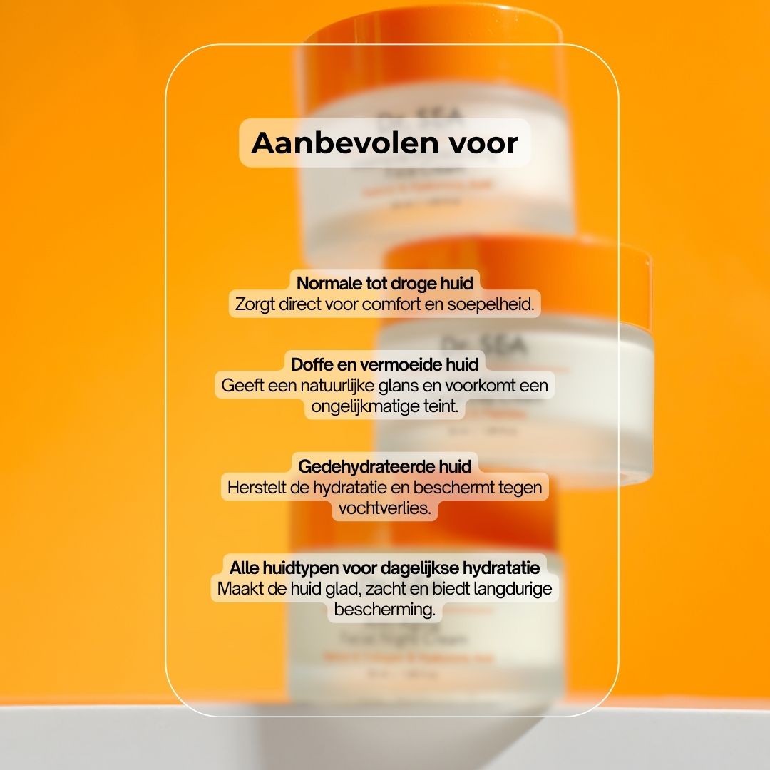 Drie crèmepotten met deksel. Tekst: Aanbevolen voor gedehydrateerde, normale tot droge, doffe huid. Alle huidtypes.