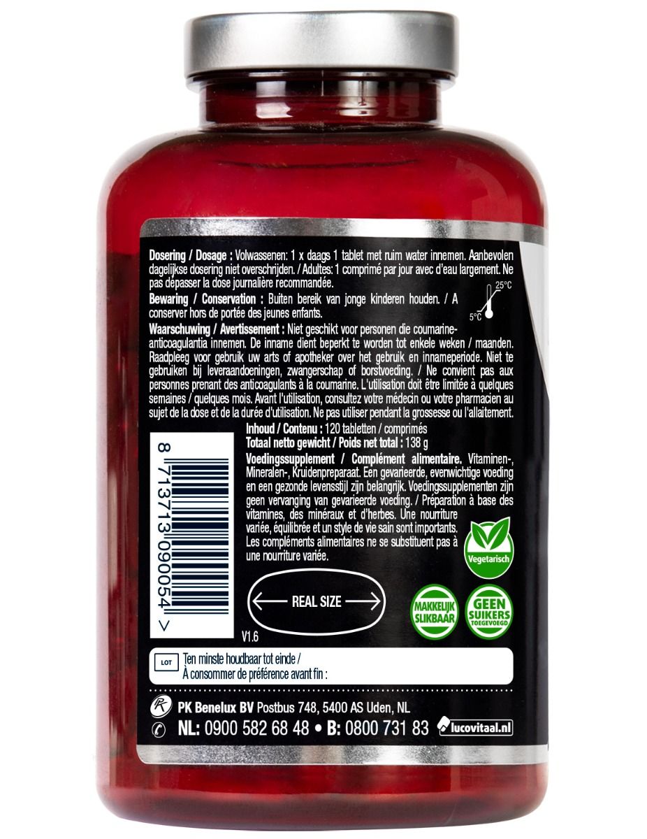 Achterkant bruine fles 'Lucovitaal'. Bevat doserings- en waarschuwingen. Tekst in het Nederlands.