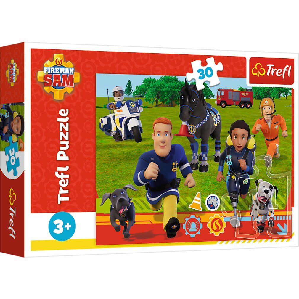 Puzzeldoos met Sam de brandweerman. Opschrift: 30 stukjes, logo Trefl. Afbeelding van de puzzelstukjes met figuren en voertuigen.