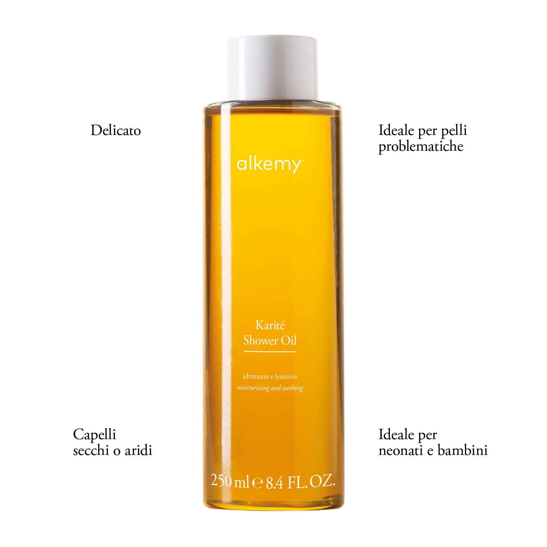 Bouteille d'huile de douche Alkemy Karité avec indications d'usage et d'ingrédients.