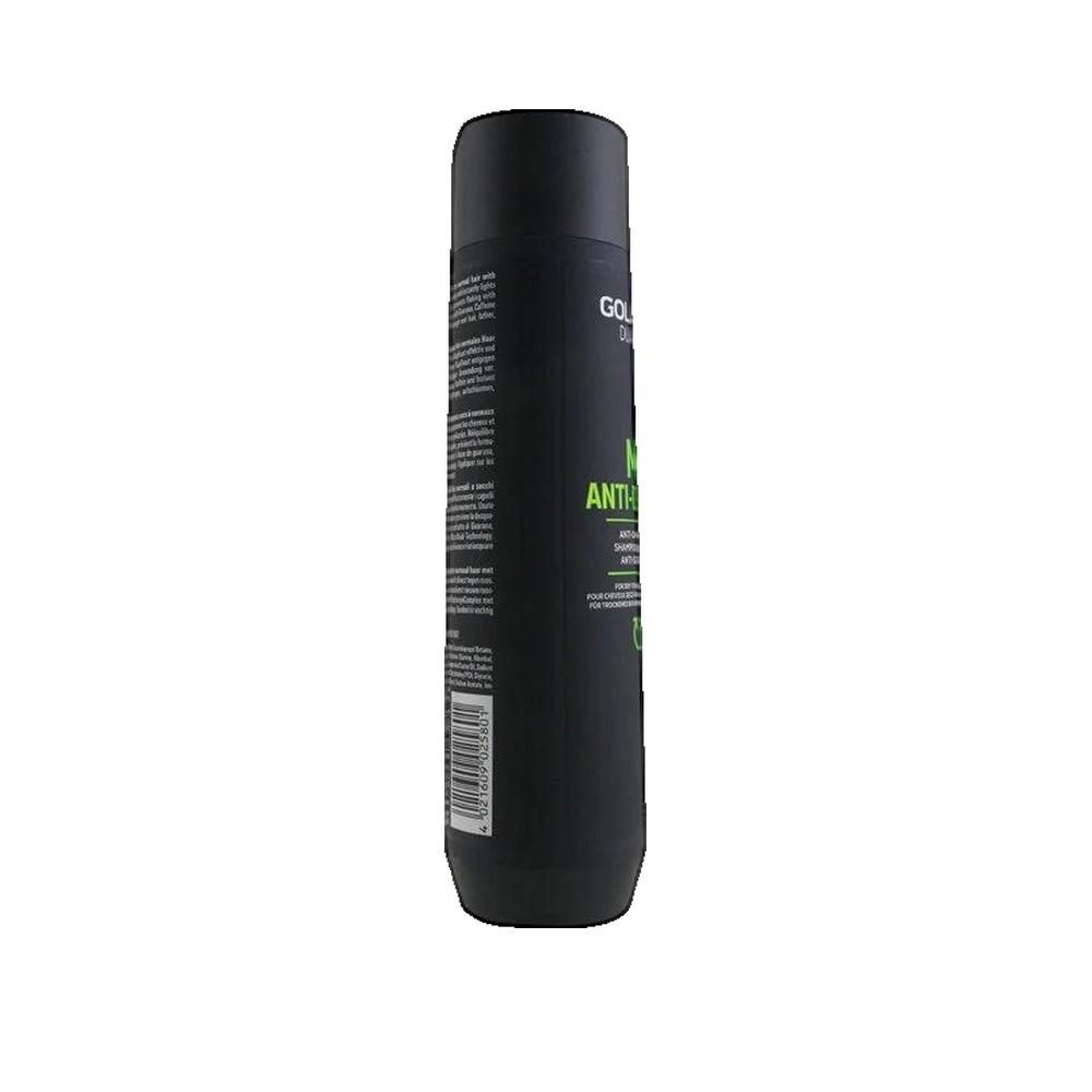 Flacon de shampooing noir avec texte vert et blanc. Inscription: MEN ANTI-DANDRUFF. Vue latérale.