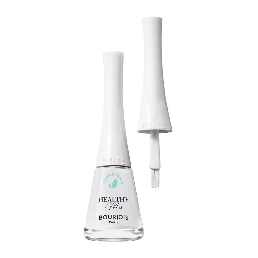 Flacon de vernis à ongles blanc avec pinceau séparé. Inscription: Healthy Mix, Bourjois Paris. Logo Clean & Vegan.