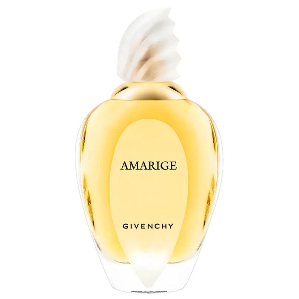 Givenchy Amarige fles. Druppelvormige glazen fles met gouden dop en witte opzet. Opschrift Amarige.