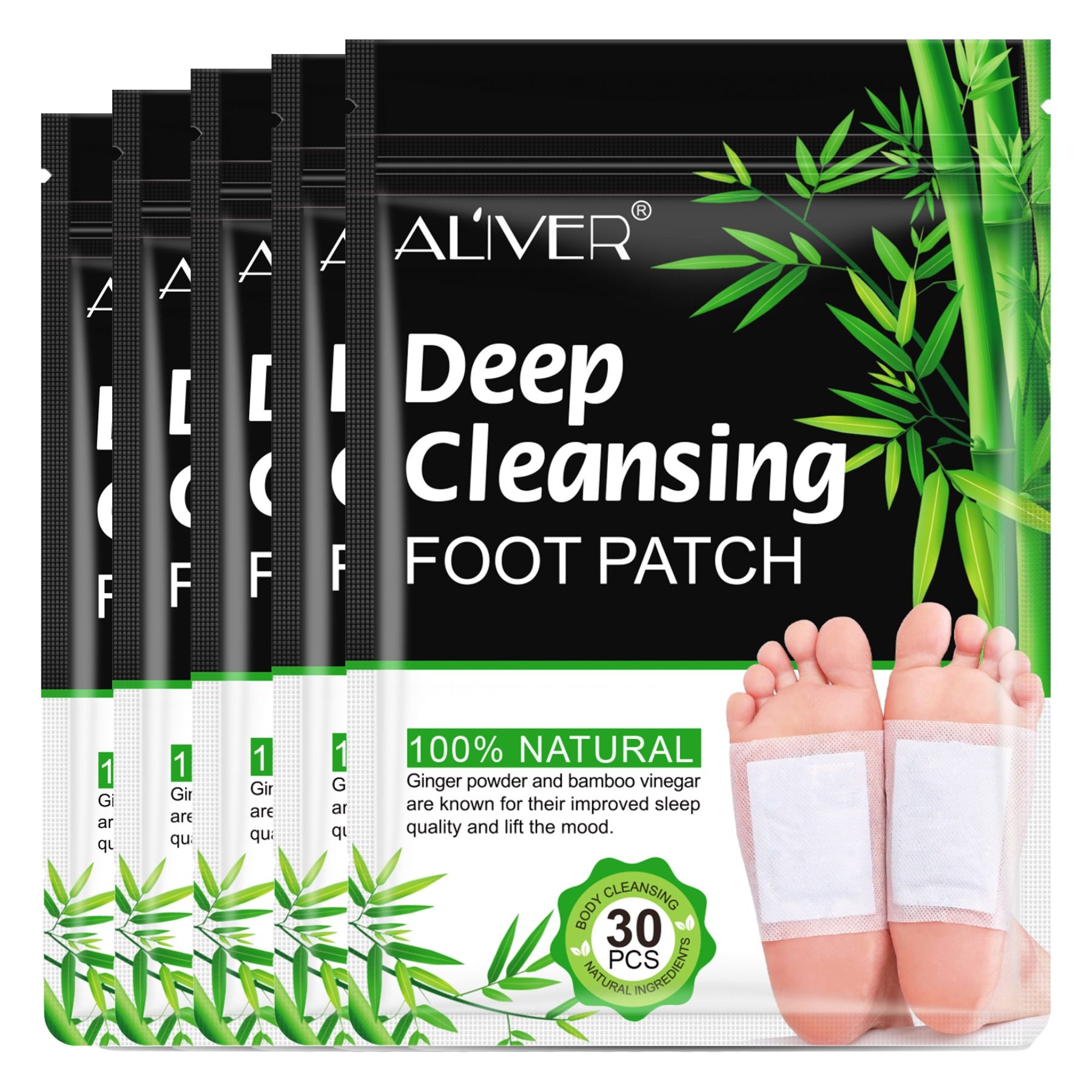 Plusieurs paquets de patchs pour les pieds ALIVER. Emballage noir avec texte et motif bambou. 30 pièces par paquet.