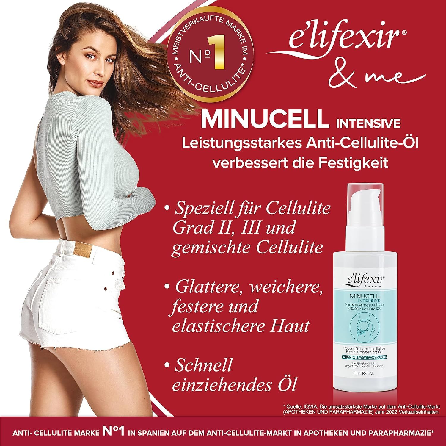 Publicité avec femme et Elifexir Minucell Anti-Cellulite-Öl. Fond rouge. Image du produit, texte et logo.