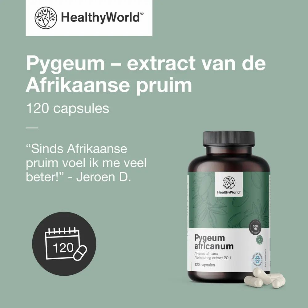 Productreclame. Fles met capsules, tekst: Pygeum – extract van de Afrikaanse pruim, 120 capsules. Citaat.