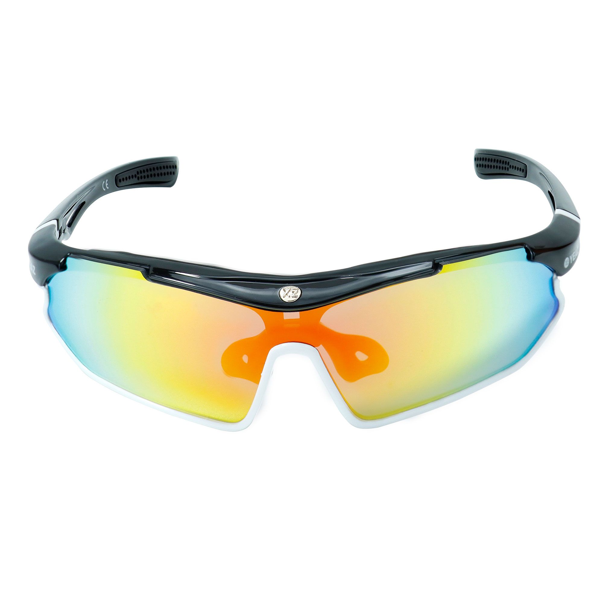 Sportbril met zwart montuur en gekleurde glazen. Y2-logo zichtbaar.