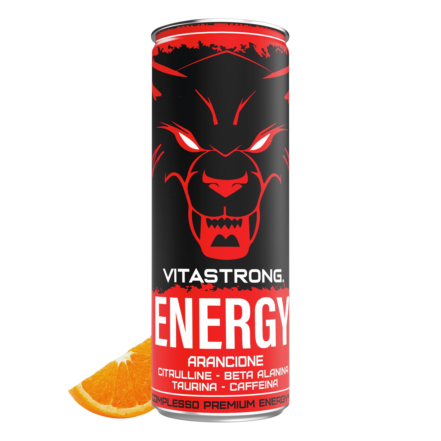 Vitastrong Energy Orange blikje. Rood blikje met zwart wolfsgezicht. Sinaasappelschijfje.