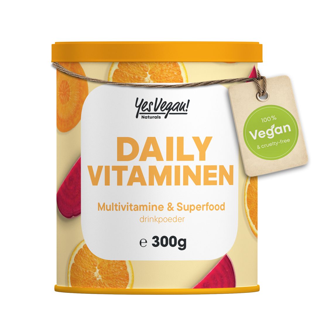 Pot vitaminepoeder met label. Opschrift: Daily Vitamin, e 300 g. Sinaasappel- en bietenmotief. Vegan-zegel.