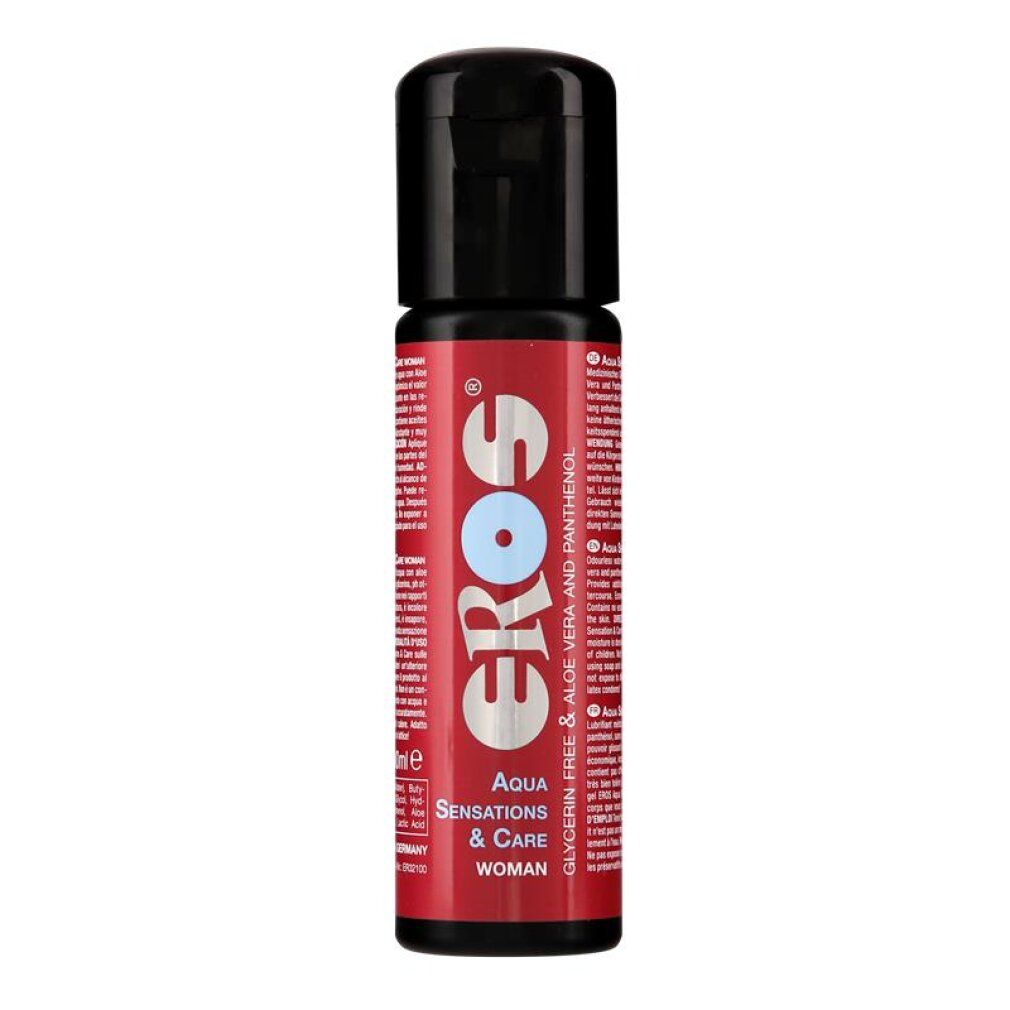EROS Aqua Sensations & Care Woman glijmiddel in rode fles met zwarte dop.