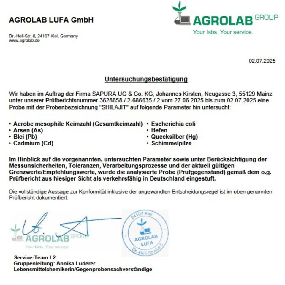 Confirmation d'analyse d'Agrolab Group pour Sapura Health Shilajit.
