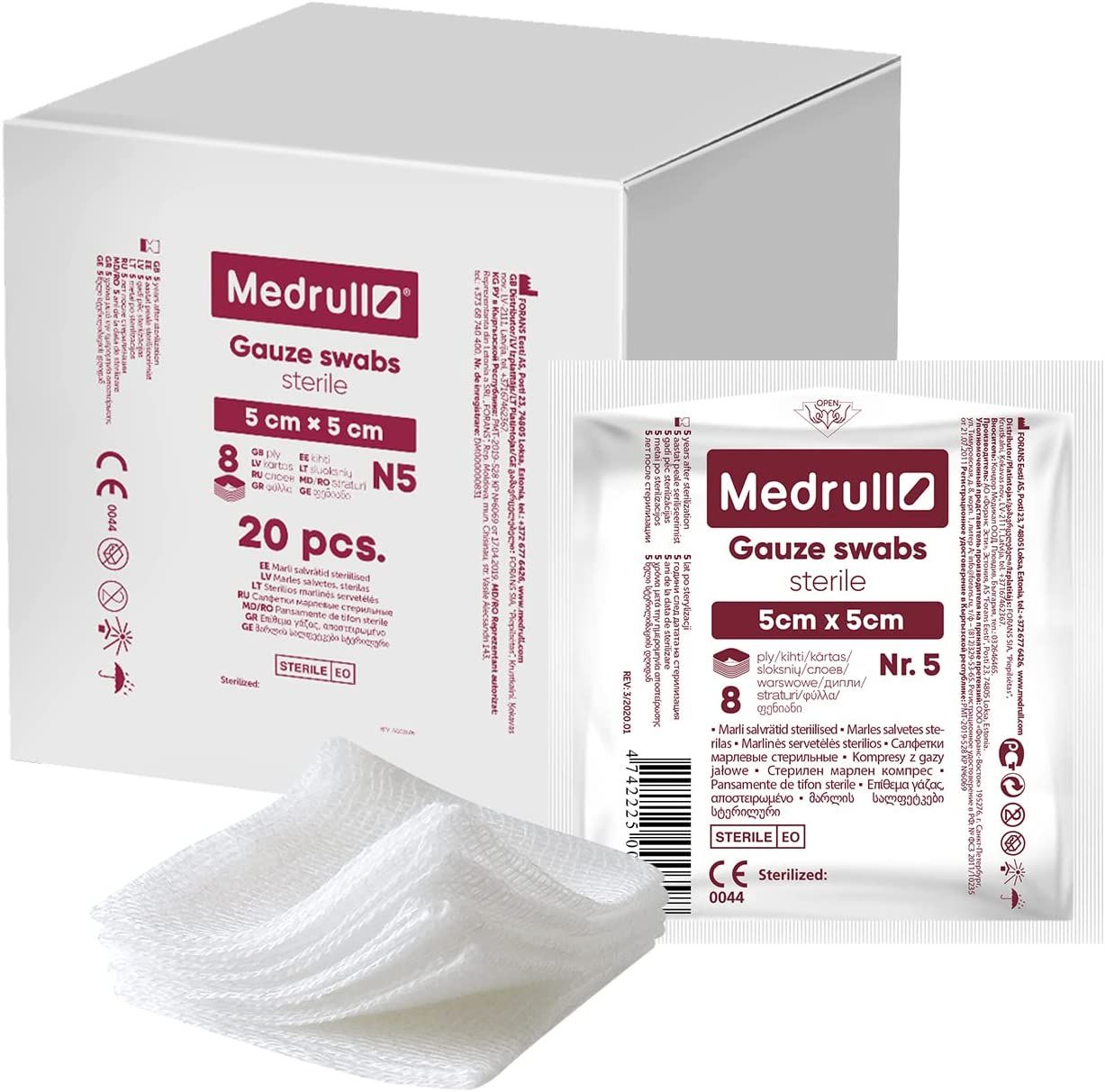 Medrull steriele gaasjes, 5x5 cm, in verpakking en doos. 20 stuks per doos, 8 per individuele verpakking.