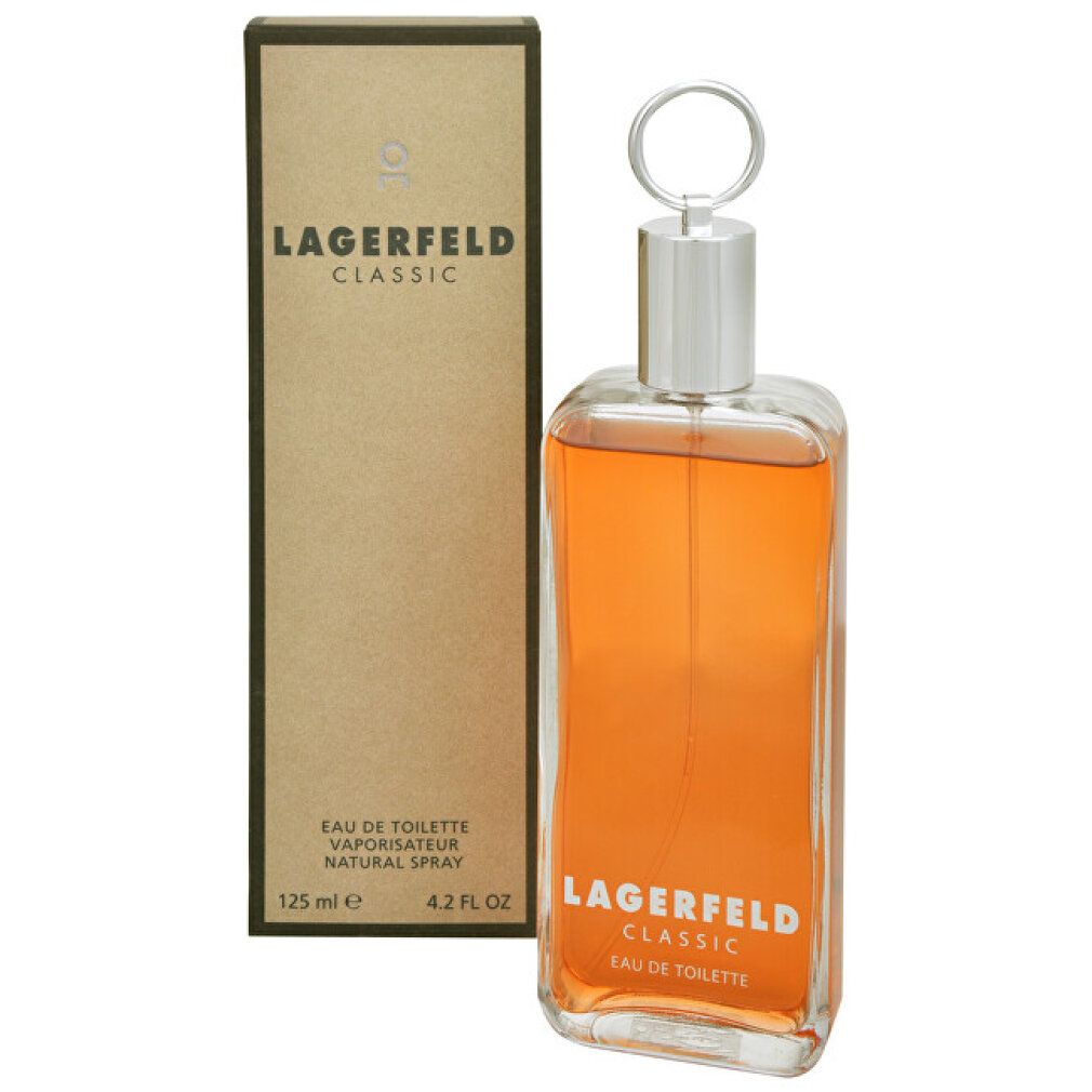 Flacon et emballage. Flacon rectangulaire avec bouchon argenté. Liquide orangé. Inscription : Lagerfeld Classic.
