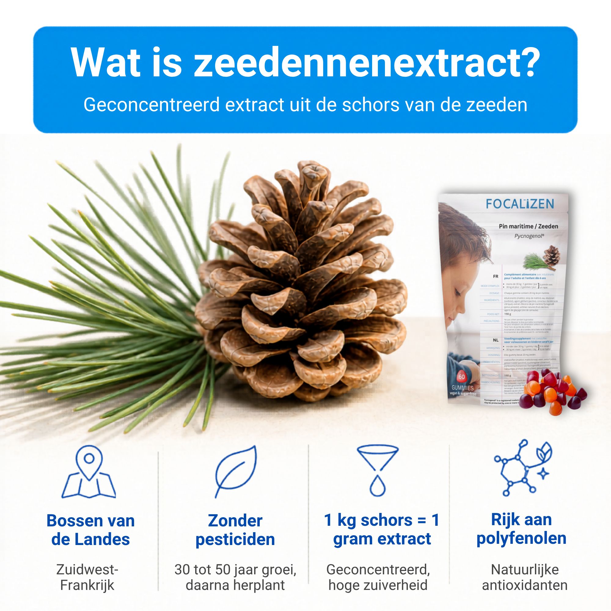 Jonge jongen schrijft in een notitieboek, FOCALiZEN-zakje en gummies ernaast.