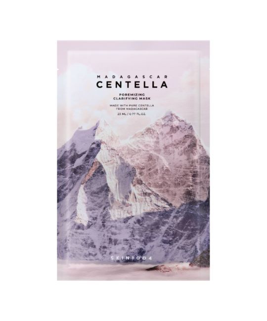 Masque facial avec motif montagne. Texte: MADAGASCAR CENTELLA, Poremizing Clarifying Mask. 22 ml/0.71 fl.oz.
