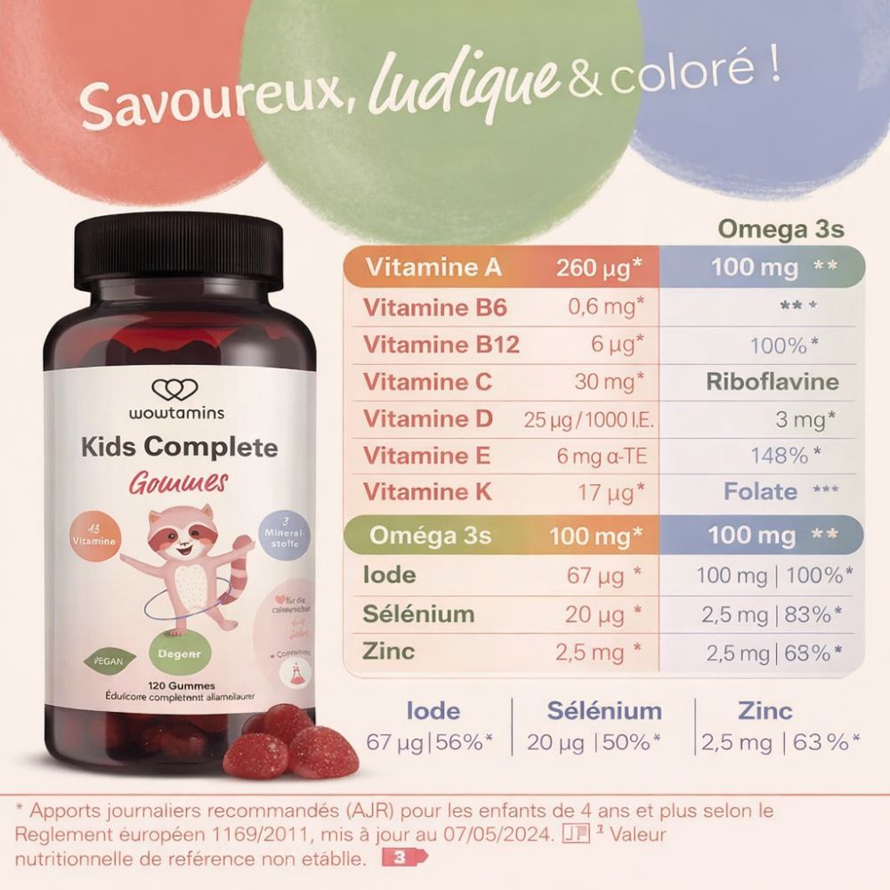 Bouteille WOWTAMINS KIDS COMPLETE avec étiquette mettant en avant 13 vitamines, 3 minéraux et acides gras Oméga 3.