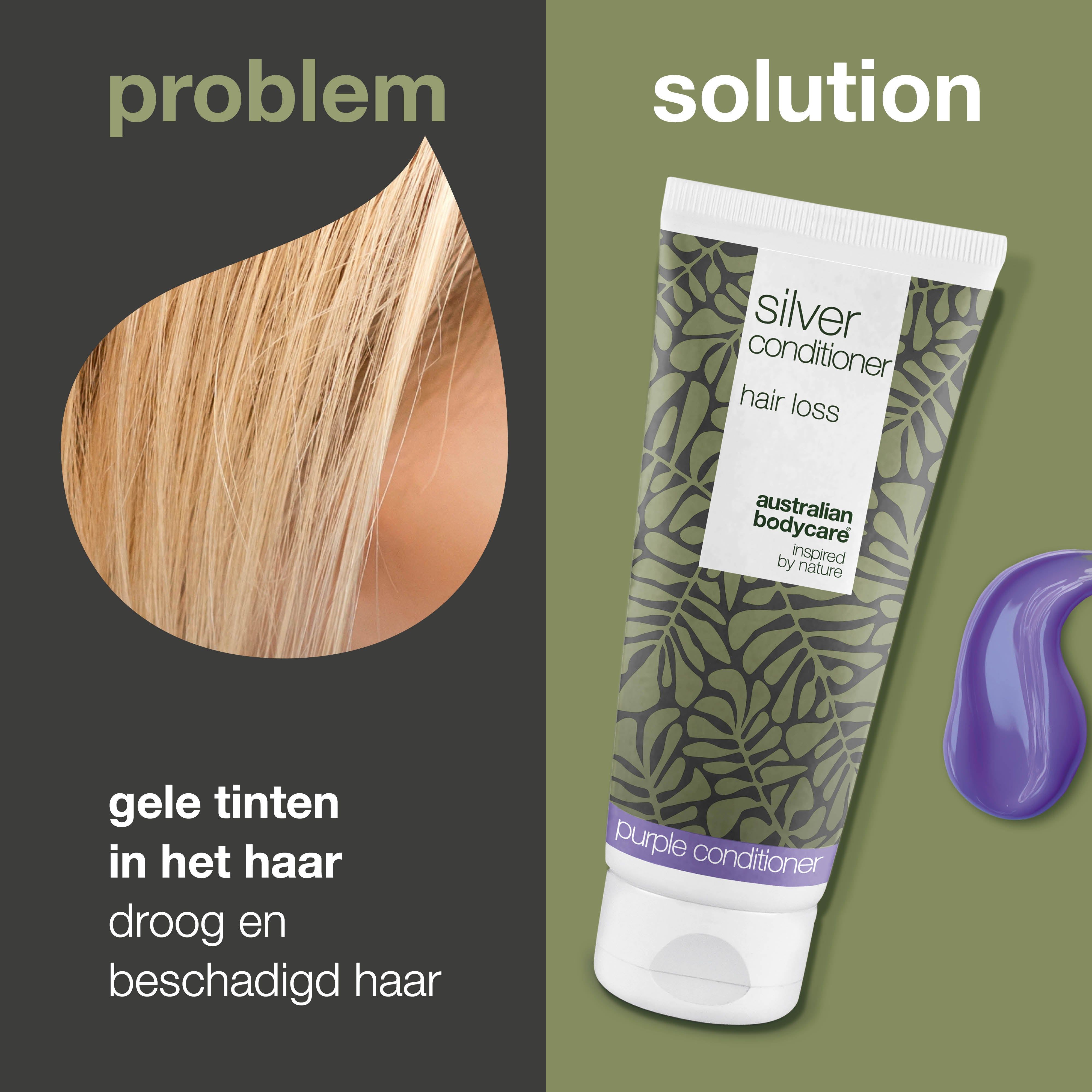 Haarlok en tube conditioner. Tekst: Silver Conditioner, haaruitval. Merk: Australian Bodycare.