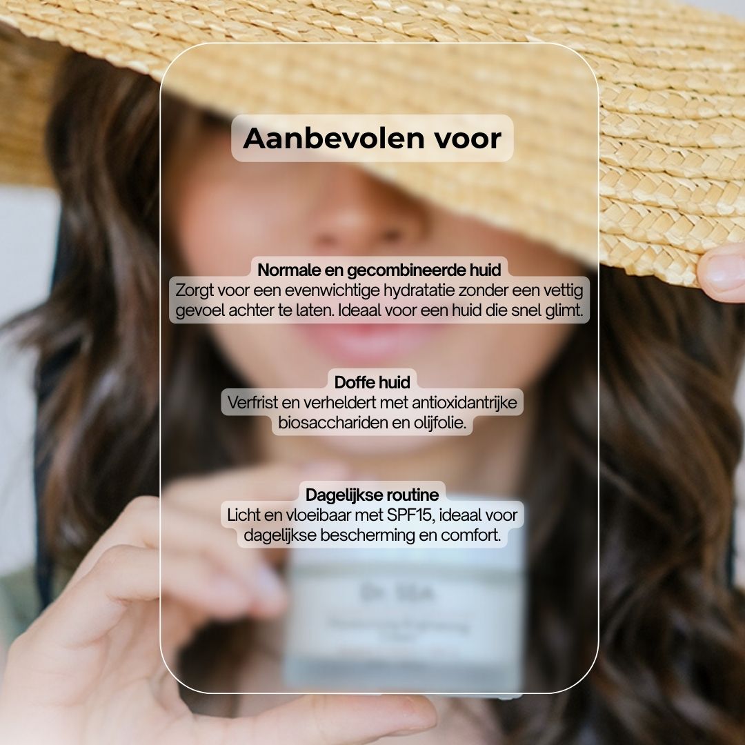 Vrouw met hoed. Tekst: Aanbevolen voor: Normale en gecombineerde huid, doffe huid, dagelijkse routine. Dr. SEA.