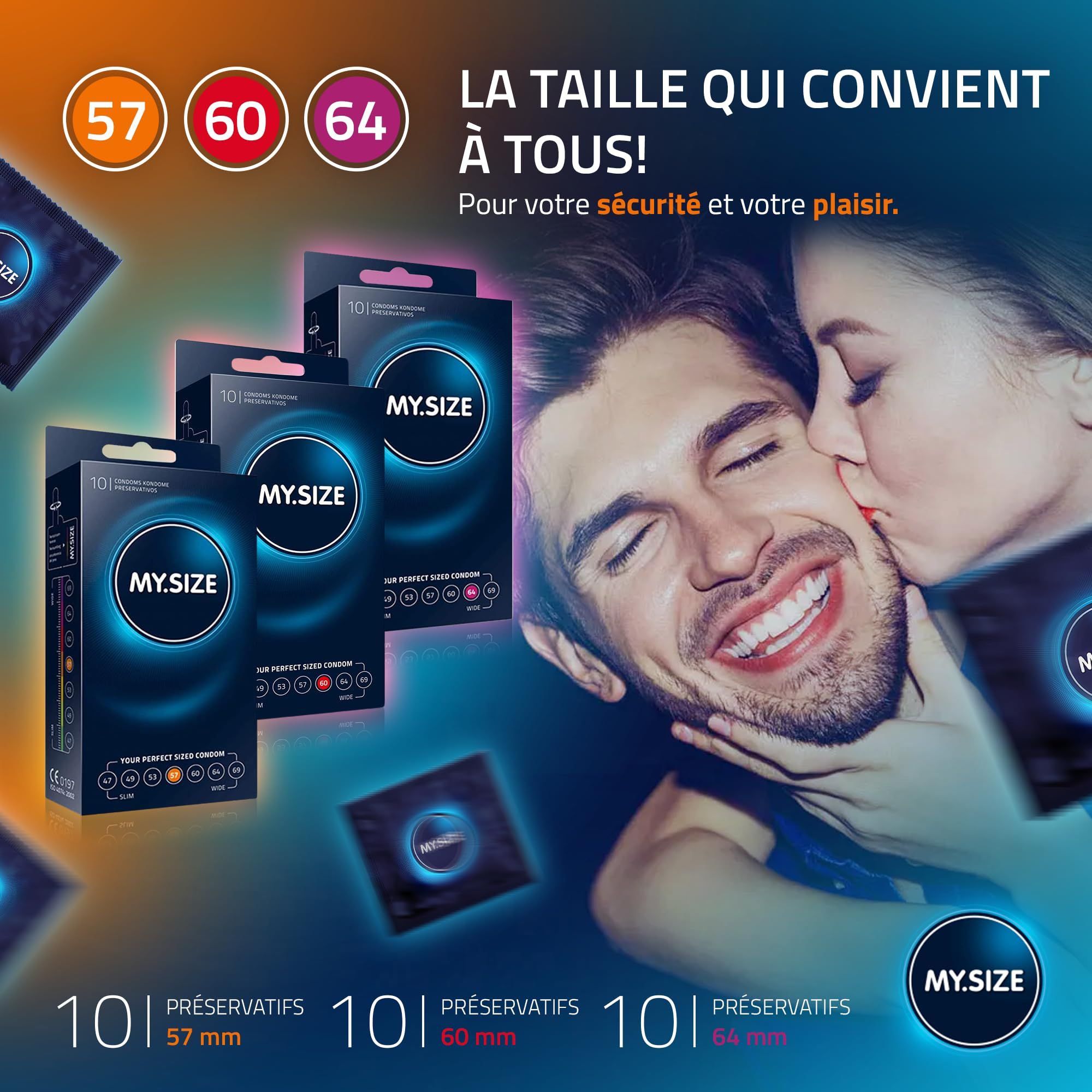 Préservatif bleu avec icônes pour parois fines, latex naturel, ajustement, sans odeur, durabilité et protection animale.