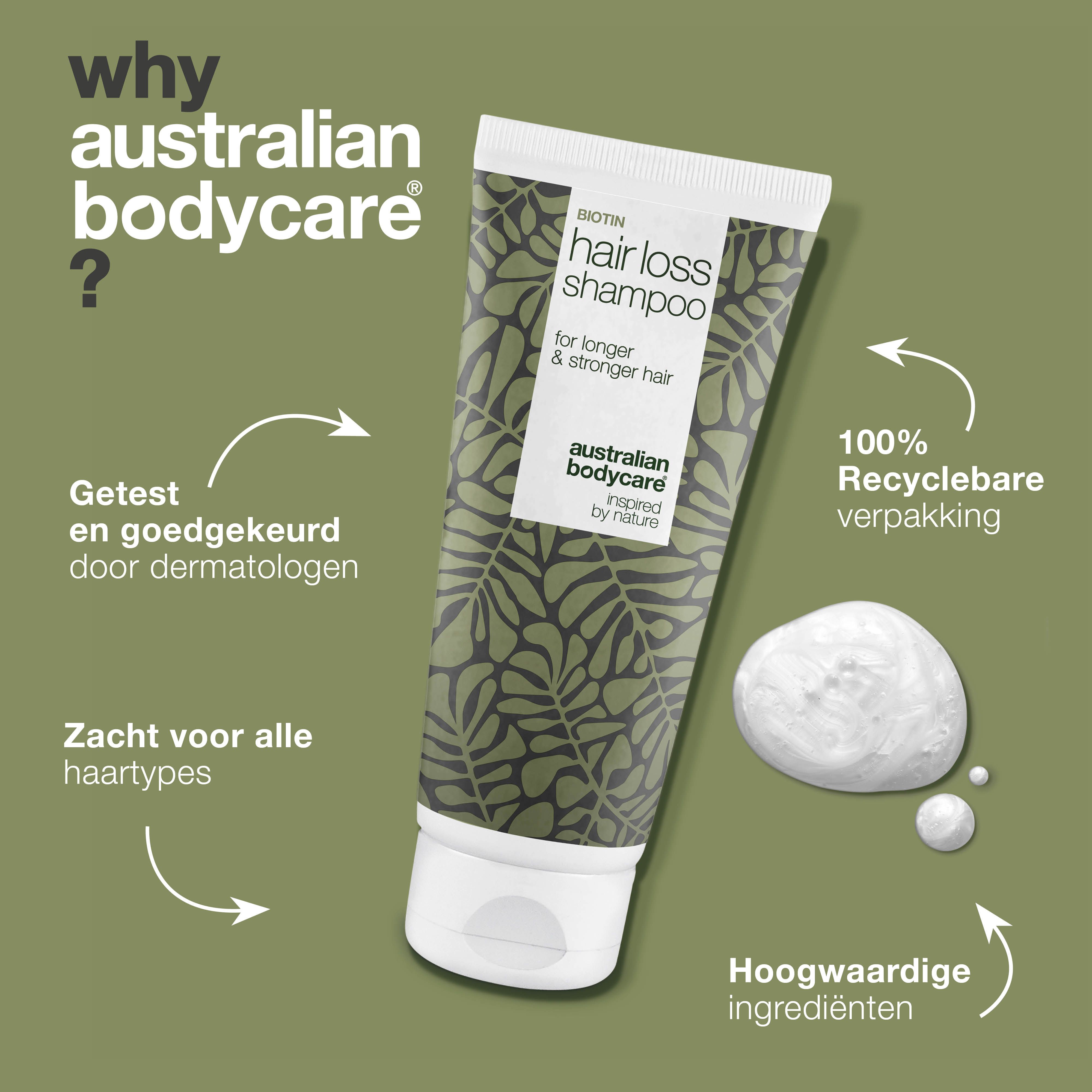 Biotin Hair Loss Shampoo tube. Groen-wit ontwerp. Tekst: Hair Loss Shampoo, Australian Bodycare.