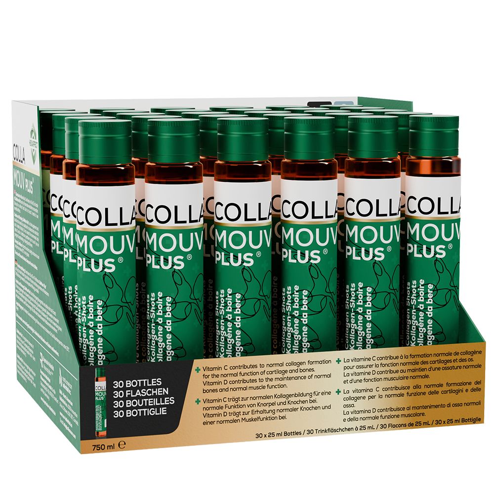 30 flessen Colla Mouv Plus Drinkbaar Type II Collageen in een displaydoos. Elke fles bevat Glucosamine, Chondroïtine en vitaminen.
