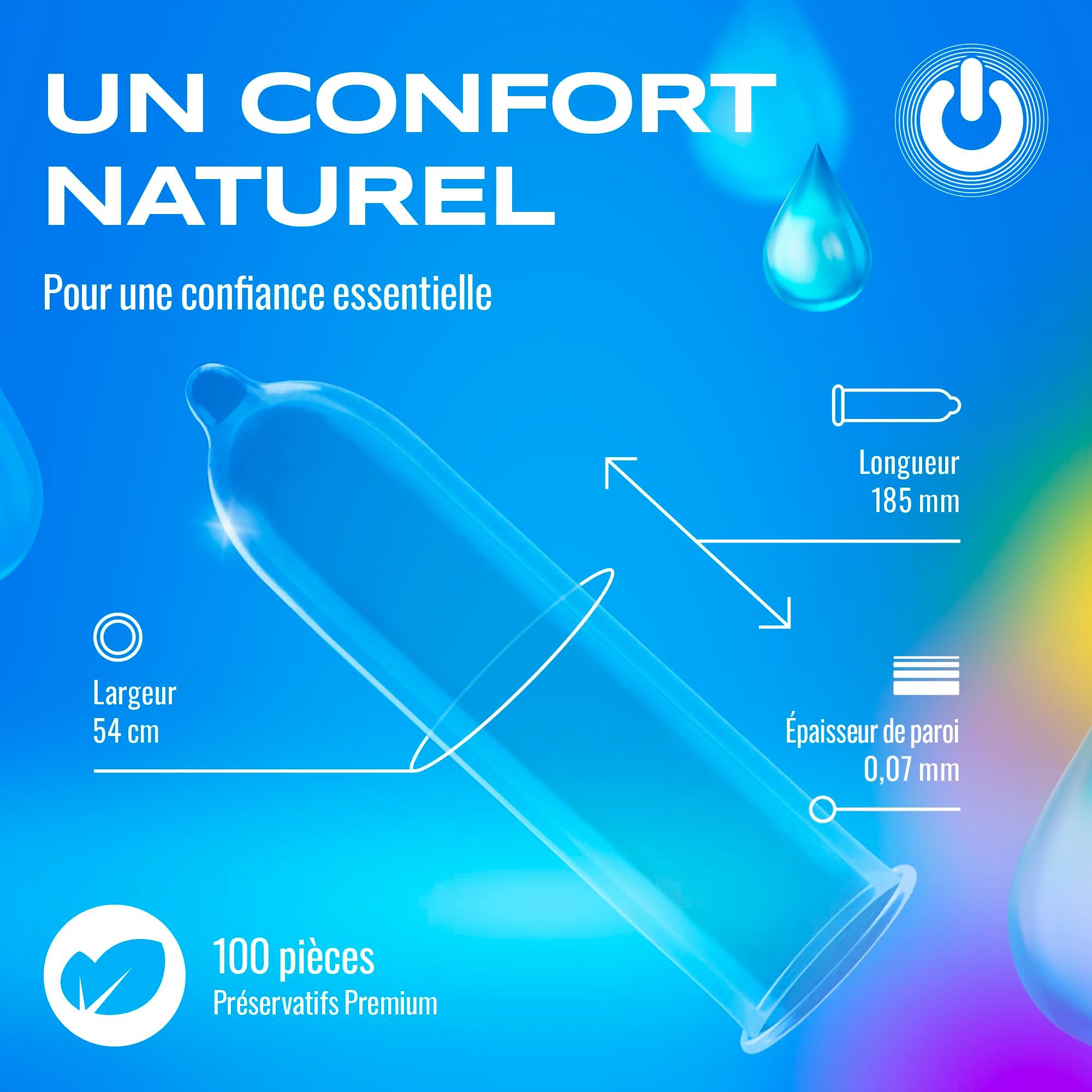 Image produit : 100 préservatifs, emballés individuellement, bleus avec logo blanc.