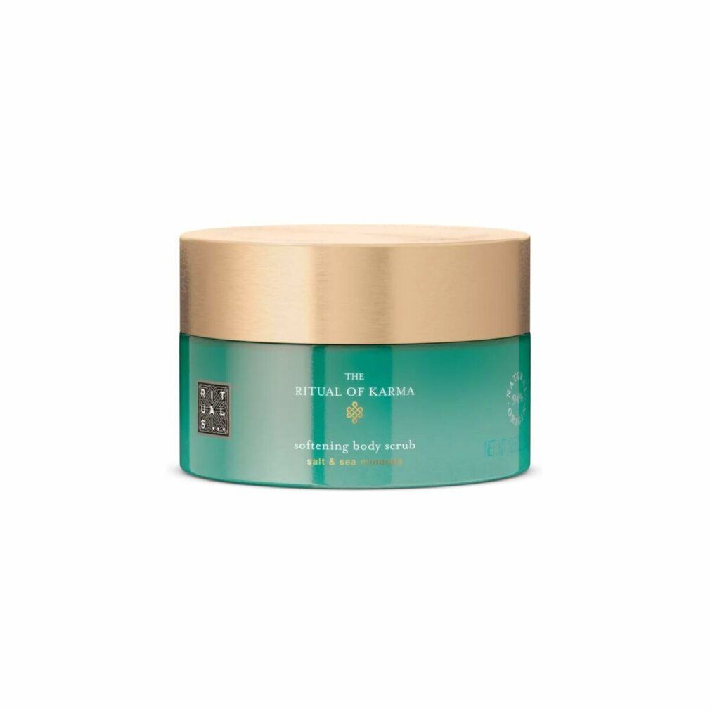 Turquoise pot met gouden deksel. Opschrift: The Ritual of Karma, softening body scrub, zout & zeemineralen. Logo.