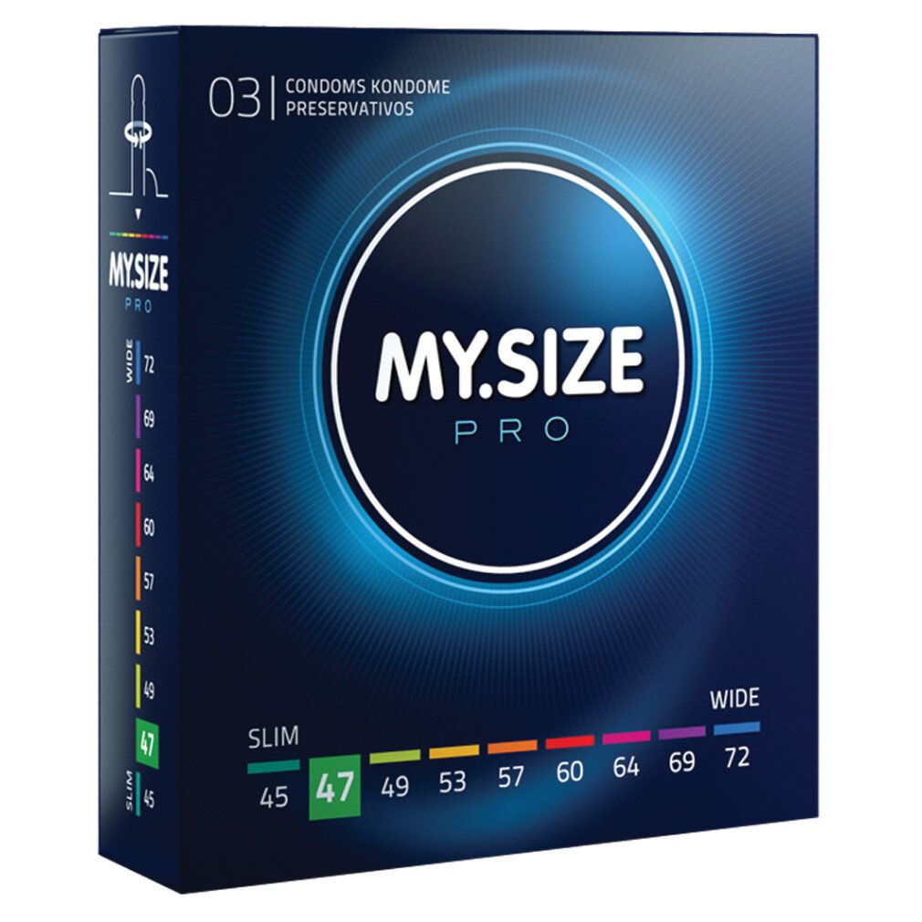Boîte de préservatifs MY.SIZE PRO. Tailles : 45, 47, 49, 53, 57, 60, 64, 69, 72 mm. 47 mm mis en évidence.