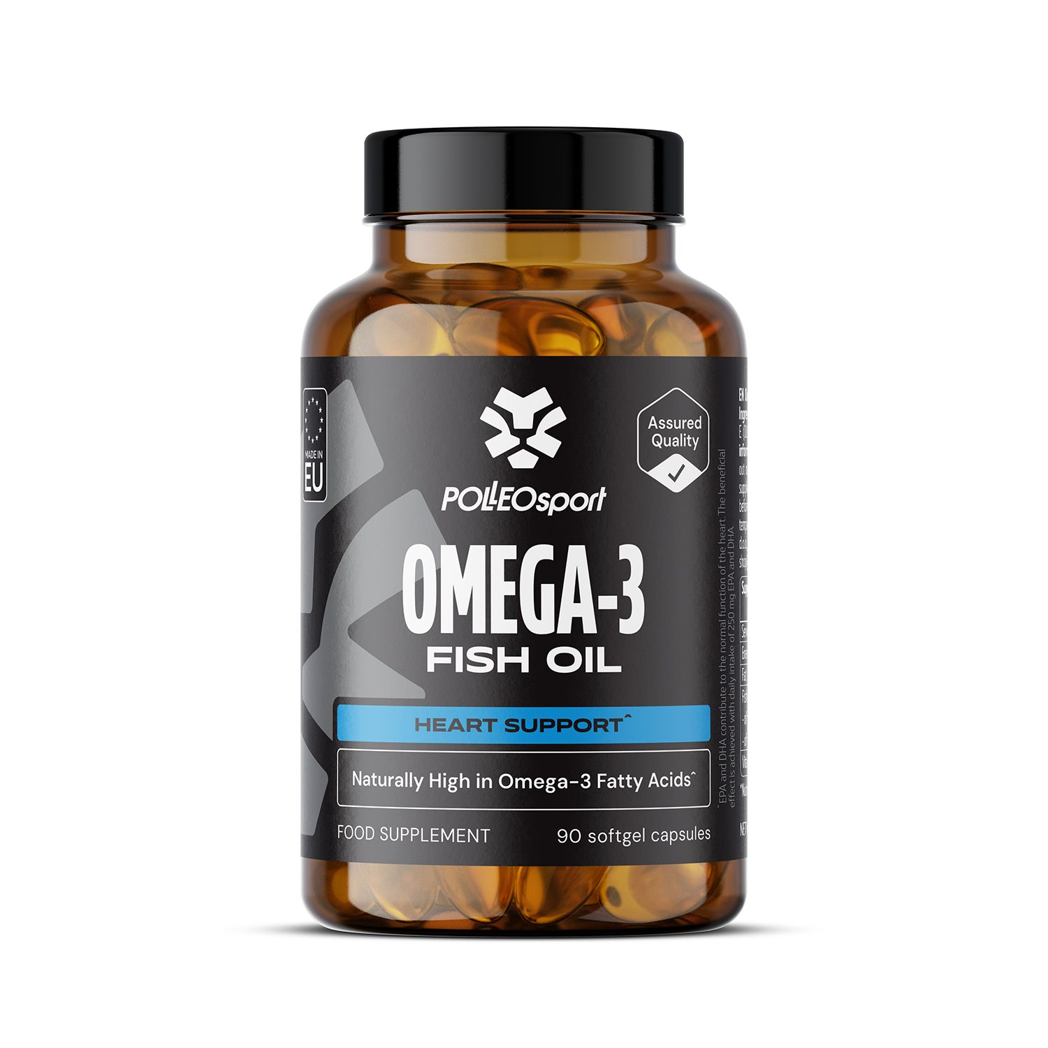 Bruine glazen fles met Omega-3 visolie capsules. Zwart etiket met witte tekst. "PolleoSport" en "Omega-3 Fish Oil" duidelijk zichtbaar. "90 softgel capsules".