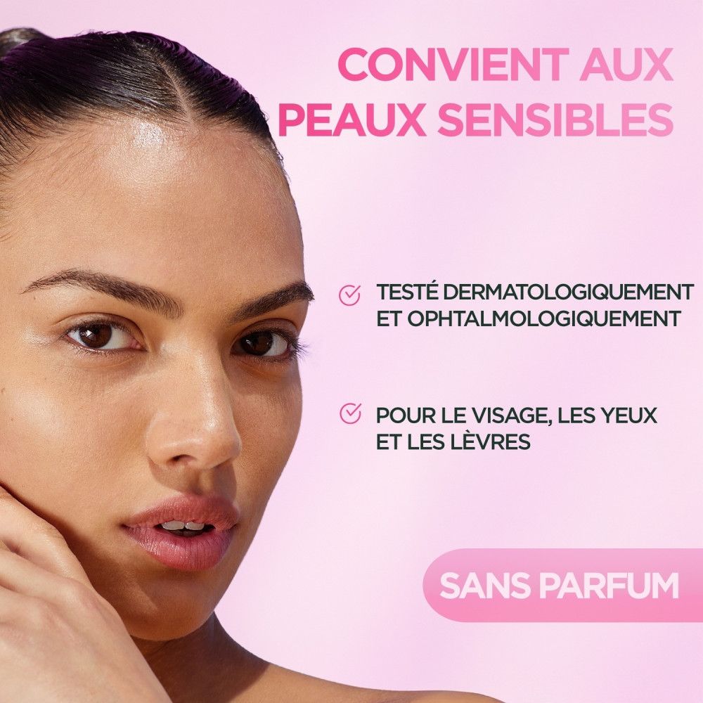Portrait d'une femme à la peau douce. Texte: Convient aux peaux sensibles. Testé dermatologiquement et ophtalmologiquement. Sans parfum.