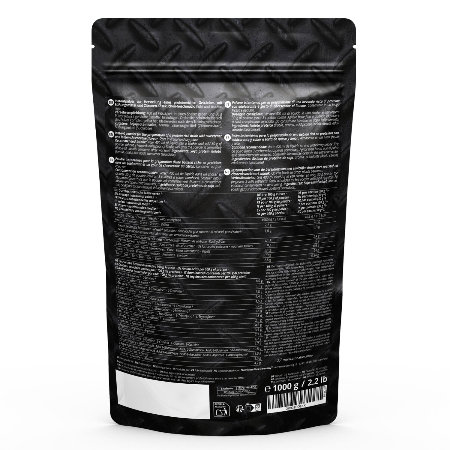 Achterkant van een zwarte eiwitpoederverpakking met tekst in meerdere talen. Bevat voedingsinformatie en ingrediënten.