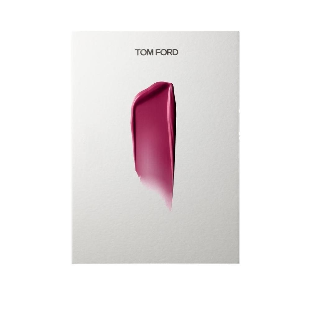 Feuille blanche avec texte "TOM FORD". Une trace de rouge à lèvres violet, brillante.