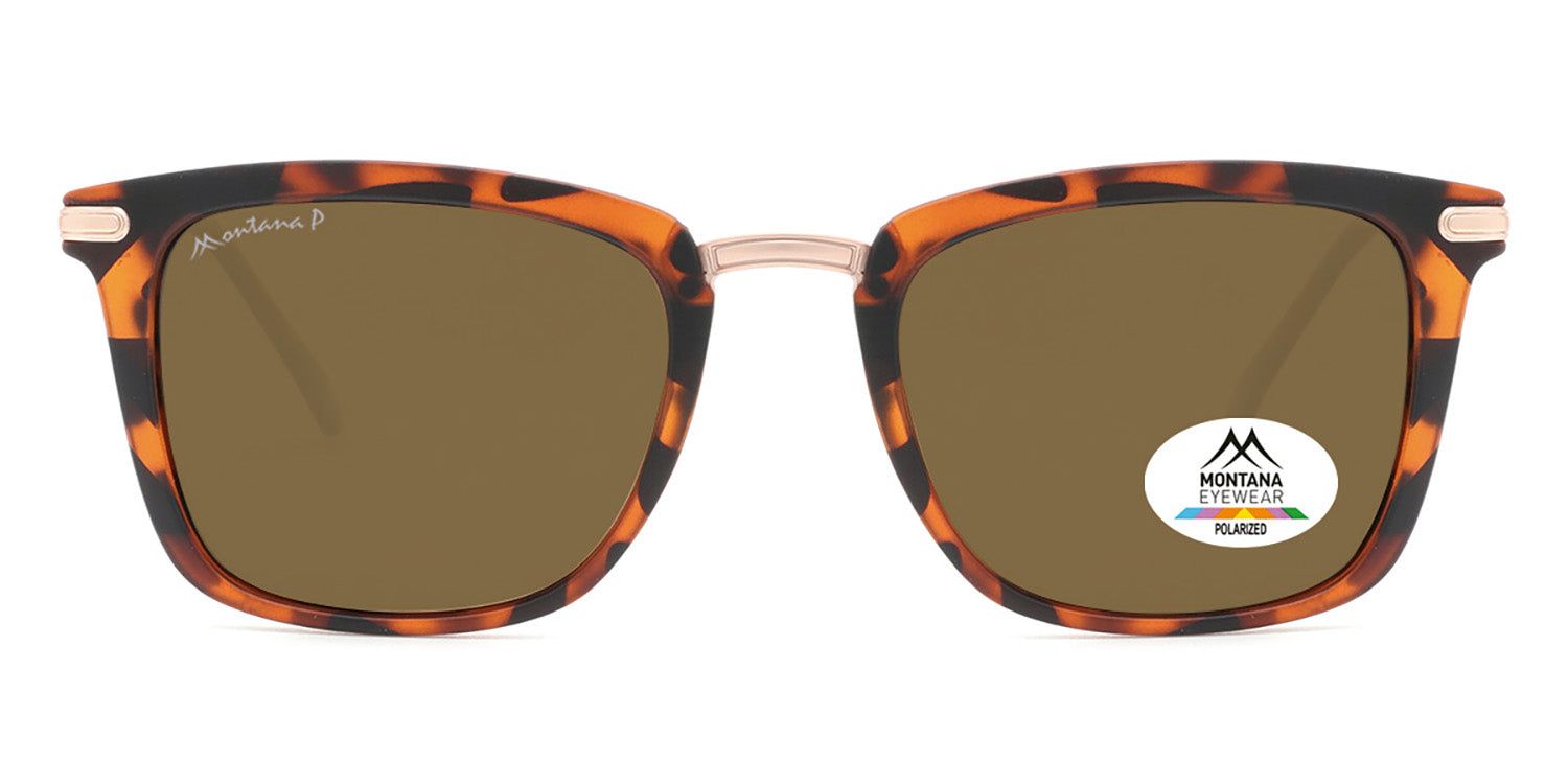 Lunettes de soleil marron et monture écaille. Branches dorées. Autocollant avec logo et Polarized sur un verre.