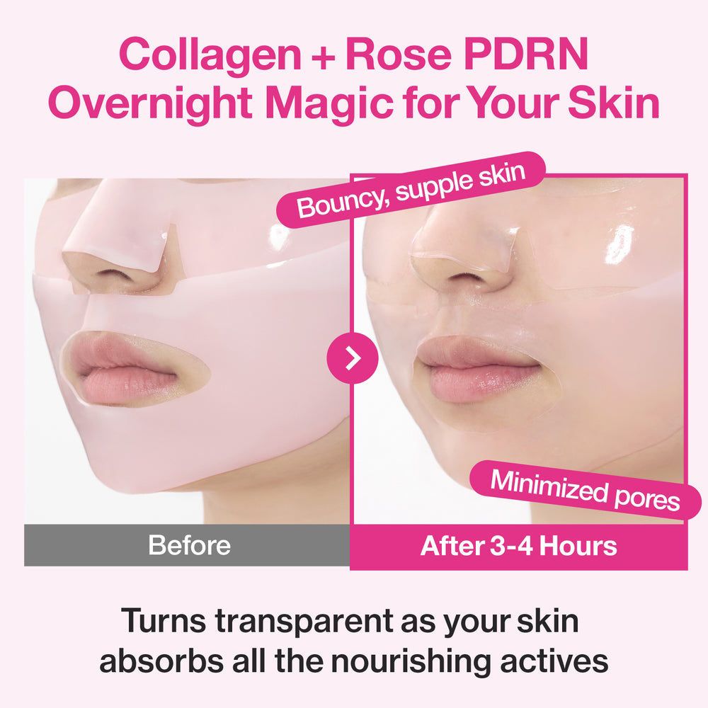 Comparaison avant/après de la peau avec le masque hydratant collagène nuit Nr.2 Rose PDRN de NUMBUZIN.